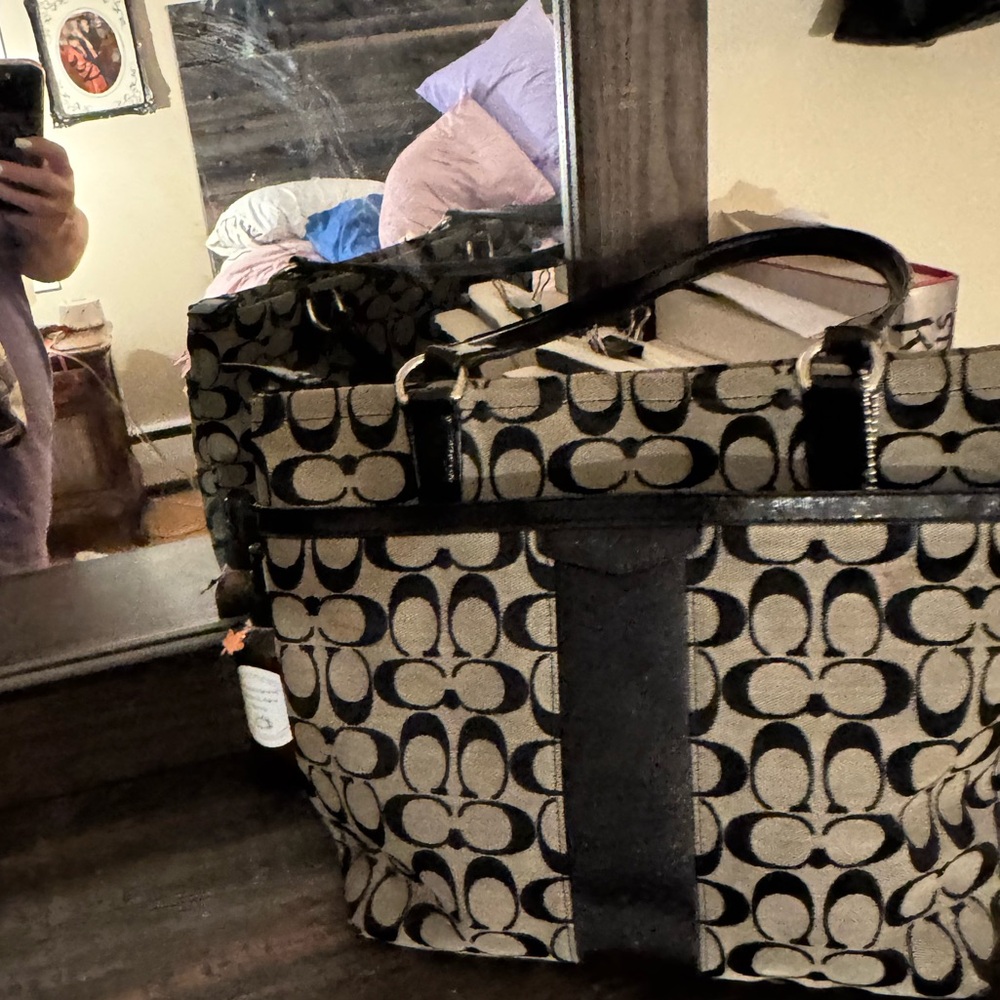 Coach Beige/Black Signature Canvas Tote with Black Trim